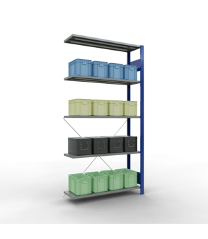 Büroregal Steckregal Anbauregal 1800x750x300 mm, 5 Fachböden, 85 kg Fachlast, Kreuzstrebe, RAL 5010 enzianblau/verzinkt, ohne Anschlagleiste