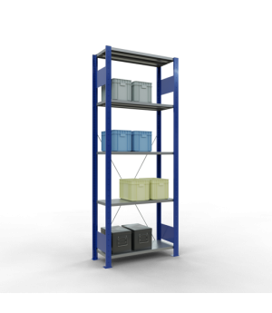 Schwerlastregal Grundregal 2000x750x300 mm, 5 Fachböden, 150 kg Fachlast, Kreuzstrebe, RAL 5010 enzianblau/verzinkt