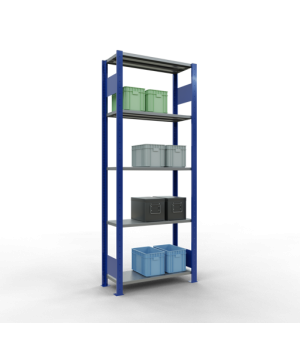 Schwerlastregal Grundregal 2000x750x300 mm, 5 Fachböden, 150 kg Fachlast, Längenriegel, RAL 5010 enzianblau/verzinkt