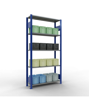 Schwerlastregal Grundregal 2000x1000x300 mm, 5 Fachböden, 150 kg Fachlast, Längenriegel, RAL 5010 enzianblau/verzinkt
