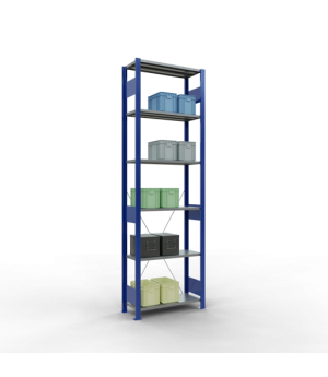 Schwerlastregal Grundregal 2500x750x300 mm, 6 Fachböden, 150 kg Fachlast, Kreuzstrebe, RAL 5010 enzianblau/verzinkt