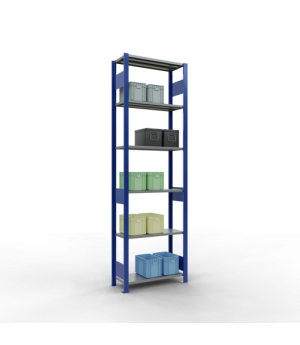 Schwerlastregal Grundregal 2500x750x300 mm, 6 Fachböden, 150 kg Fachlast, Längenriegel, RAL 5010 enzianblau/verzinkt