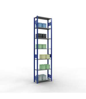 Schwerlastregal Grundregal 3000x750x300 mm, 7 Fachböden, 150 kg Fachlast, Längenriegel, RAL 5010 enzianblau/verzinkt