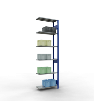 Schwerlastregal Anbauregal 2500x750x300 mm, 6 Fachböden, 150 kg Fachlast, Längenriegel, RAL 5010 enzianblau/verzinkt