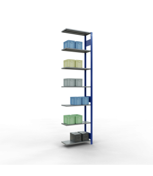 Schwerlastregal Anbauregal 3000x750x300 mm, 7 Fachböden, 150 kg Fachlast, Längenriegel, RAL 5010 enzianblau/verzinkt