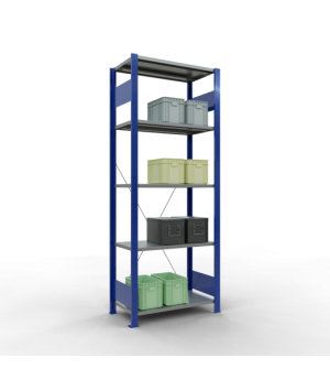 Schwerlastregal Grundregal 2000x750x400 mm, 5 Fachböden, 150 kg Fachlast, Kreuzstrebe, RAL 5010 enzianblau/verzinkt