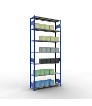 Schwerlastregal Grundregal 3000x1300x400 mm, 7 Fachböden, 150 kg Fachlast, Längenriegel, RAL 5010 enzianblau/verzinkt
