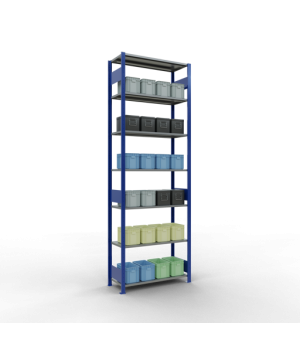 Schwerlastregal Grundregal 3000x1000x400 mm, 7 Fachböden, 150 kg Fachlast, Längenriegel, RAL 5010 enzianblau/verzinkt