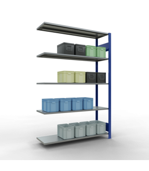 Schwerlastregal Anbauregal 2000x1300x400 mm, 5 Fachböden, 150 kg Fachlast, Längenriegel, RAL 5010 enzianblau/verzinkt
