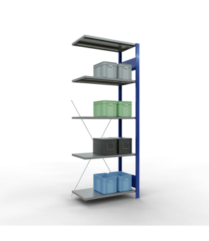 Schwerlastregal Anbauregal 2000x750x400 mm, 5 Fachböden, 150 kg Fachlast, Kreuzstrebe, RAL 5010 enzianblau/verzinkt