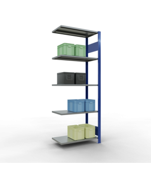 Schwerlastregal Anbauregal 2000x750x400 mm, 5 Fachböden, 150 kg Fachlast, Längenriegel, RAL 5010 enzianblau/verzinkt