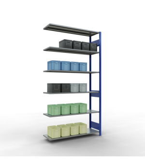 Schwerlastregal Anbauregal 2500x1300x400 mm, 6 Fachböden, 150 kg Fachlast, Längenriegel, RAL 5010 enzianblau/verzinkt