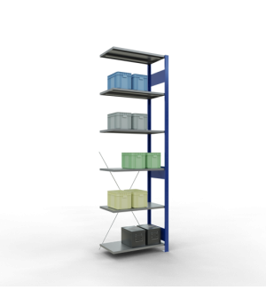 Schwerlastregal Anbauregal 2500x750x400 mm, 6 Fachböden, 150 kg Fachlast, Kreuzstrebe, RAL 5010 enzianblau/verzinkt