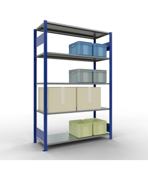 Schwerlastregal Grundregal 2000x1300x500 mm, 5 Fachböden, 150 kg Fachlast, Längenriegel, RAL 5010 enzianblau/verzinkt