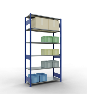 Schwerlastregal Grundregal 2500x1300x500 mm, 6 Fachböden, 150 kg Fachlast, Längenriegel, RAL 5010 enzianblau/verzinkt