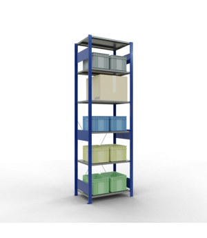 Schwerlastregal Grundregal 2500x750x500 mm, 6 Fachböden, 150 kg Fachlast, Kreuzstrebe, RAL 5010 enzianblau/verzinkt
