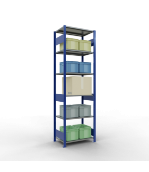 Schwerlastregal Grundregal 2500x750x500 mm, 6 Fachböden, 150 kg Fachlast, Längenriegel, RAL 5010 enzianblau/verzinkt