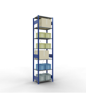 Schwerlastregal Grundregal 3000x750x500 mm, 7 Fachböden, 150 kg Fachlast, Kreuzstrebe, RAL 5010 enzianblau/verzinkt