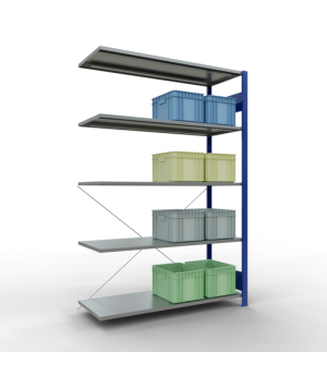 Schwerlastregal Anbauregal 2000x1300x500 mm, 5 Fachböden, 150 kg Fachlast, Kreuzstrebe, RAL 5010 enzianblau/verzinkt