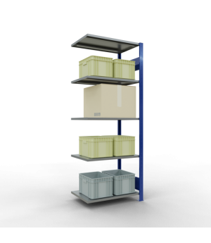 Schwerlastregal Anbauregal 2000x750x500 mm, 5 Fachböden, 150 kg Fachlast, Längenriegel, RAL 5010 enzianblau/verzinkt