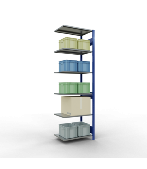 Schwerlastregal Anbauregal 2500x750x500 mm, 6 Fachböden, 150 kg Fachlast, Längenriegel, RAL 5010 enzianblau/verzinkt