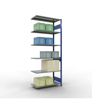 Schwerlastregal Anbauregal 2500x1000x500 mm, 6 Fachböden, 150 kg Fachlast, Längenriegel, RAL 5010 enzianblau/verzinkt