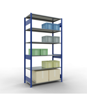 Schwerlastregal Grundregal 2500x1300x600 mm, 6 Fachböden, 150 kg Fachlast, Längenriegel, RAL 5010 enzianblau/verzinkt