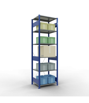 Schwerlastregal Grundregal 2500x750x600 mm, 6 Fachböden, 150 kg Fachlast, Kreuzstrebe, RAL 5010 enzianblau/verzinkt