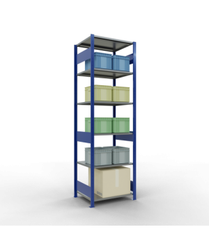 Schwerlastregal Grundregal 2500x750x600 mm, 6 Fachböden, 150 kg Fachlast, Längenriegel, RAL 5010 enzianblau/verzinkt