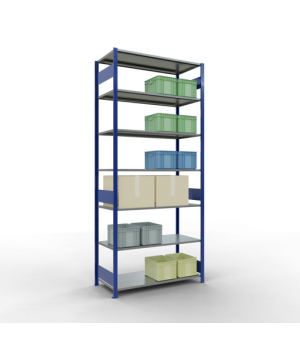 Schwerlastregal Grundregal 3000x1300x600 mm, 7 Fachböden, 150 kg Fachlast, Längenriegel, RAL 5010 enzianblau/verzinkt