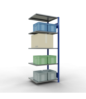 Schwerlastregal Anbauregal 2000x750x600 mm, 5 Fachböden, 150 kg Fachlast, Längenriegel, RAL 5010 enzianblau/verzinkt