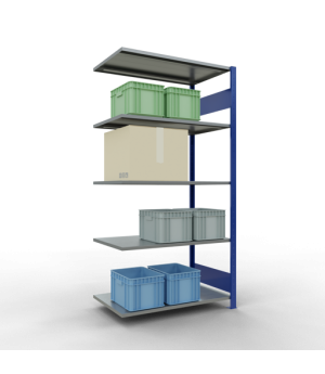 Büroregal Steckregal Anbauregal , 1800x750x600 mm, 5 Fachböden, 150 kg Fachlast, Längenriegel, RAL 5010 enzianblau/verzinkt, ohne Mittelanschlag