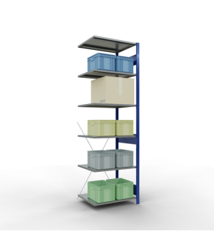Schwerlastregal Anbauregal 2500x750x600 mm, 6 Fachböden, 150 kg Fachlast, Kreuzstrebe, RAL 5010 enzianblau/verzinkt
