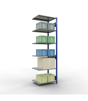 Schwerlastregal Anbauregal 2500x750x600 mm, 6 Fachböden, 150 kg Fachlast, Längenriegel, RAL 5010 enzianblau/verzinkt