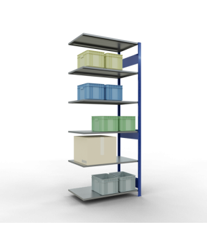 Schwerlastregal Anbauregal 2500x1000x600 mm, 6 Fachböden, 150 kg Fachlast, Längenriegel, RAL 5010 enzianblau/verzinkt