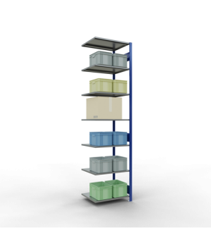 Schwerlastregal Anbauregal 3000x750x600 mm, 7 Fachböden, 150 kg Fachlast, Längenriegel, RAL 5010 enzianblau/verzinkt