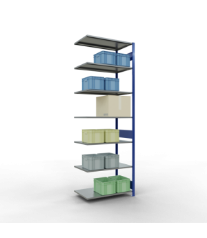 Büroregal Steckregal Anbauregal , 2300x750x600 mm, 7 Fachböden, 150 kg Fachlast, Längenriegel, RAL 5010 enzianblau/verzinkt, ohne Mittelanschlag