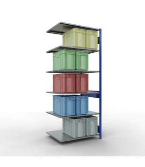 Schwerlastregal Anbauregal 2500x1000x800 mm, 6 Fachböden, 150 kg Fachlast, Längenriegel, RAL 5010 enzianblau/verzinkt
