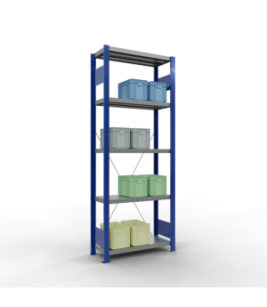 Schwerlastregal Grundregal 2000x750x300 mm (HxBxT), 5 Fachböden, 250 kg Fachlast, Kreuzstrebe, RAL 5010 enzianblau/verzinkt