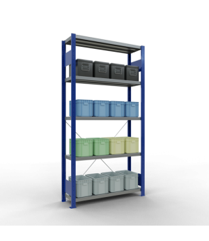 Schwerlastregal Grundregal 2000x1000x300 mm (HxBxT), 5 Fachböden, 250 kg Fachlast, Kreuzstrebe, RAL 5010 enzianblau/verzinkt