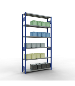 Schwerlastregal Grundregal 2500x1300x300 mm (HxBxT), 6 Fachböden, 250 kg Fachlast, Längenriegel, RAL 5010 enzianblau/verzinkt