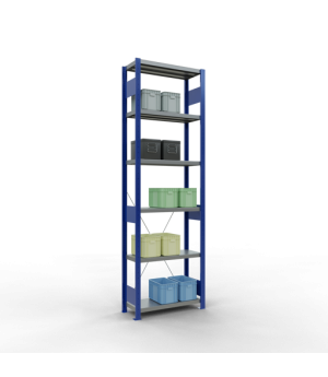 Schwerlastregal Grundregal 2500x750x300 mm (HxBxT), 6 Fachböden, 250 kg Fachlast, Kreuzstrebe, RAL 5010 enzianblau/verzinkt