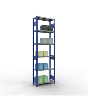 Schwerlastregal Grundregal 2500x750x300 mm (HxBxT), 6 Fachböden, 250 kg Fachlast, Längenriegel, RAL 5010 enzianblau/verzinkt