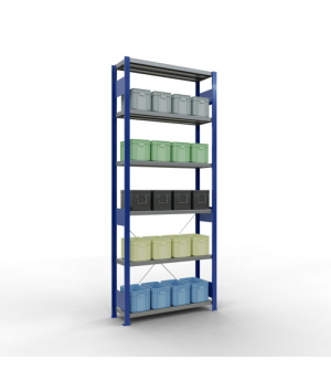 Schwerlastregal Grundregal 2500x1000x300 mm (HxBxT), 6 Fachböden, 250 kg Fachlast, Kreuzstrebe, RAL 5010 enzianblau/verzinkt