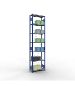 Schwerlastregal Grundregal 3000x750x300 mm (HxBxT), 7 Fachböden, 250 kg Fachlast, Kreuzstrebe, RAL 5010 enzianblau/verzinkt