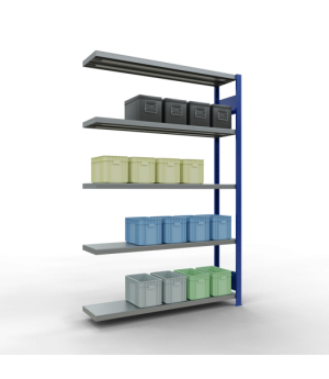 Schwerlastregal Anbauregal 2000x1300x300 mm (HxBxT), 5 Fachböden, 250 kg Fachlast, Längenriegel, RAL 5010 enzianblau/verzinkt