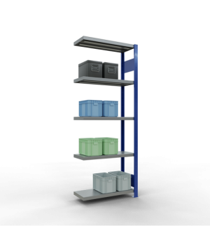 Schwerlastregal Anbauregal 2000x750x300 mm (HxBxT), 5 Fachböden, 250 kg Fachlast, Längenriegel, RAL 5010 enzianblau/verzinkt