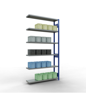 Schwerlastregal Anbauregal 2500x1300x300 mm (HxBxT), 6 Fachböden, 250 kg Fachlast, Längenriegel, RAL 5010 enzianblau/verzinkt