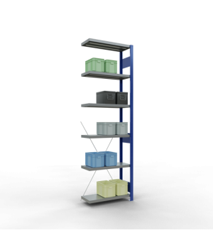 Schwerlastregal Anbauregal 2500x750x300 mm (HxBxT), 6 Fachböden, 250 kg Fachlast, Kreuzstrebe, RAL 5010 enzianblau/verzinkt
