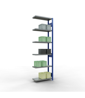 Schwerlastregal Anbauregal 2500x750x300 mm (HxBxT), 6 Fachböden, 250 kg Fachlast, Längenriegel, RAL 5010 enzianblau/verzinkt